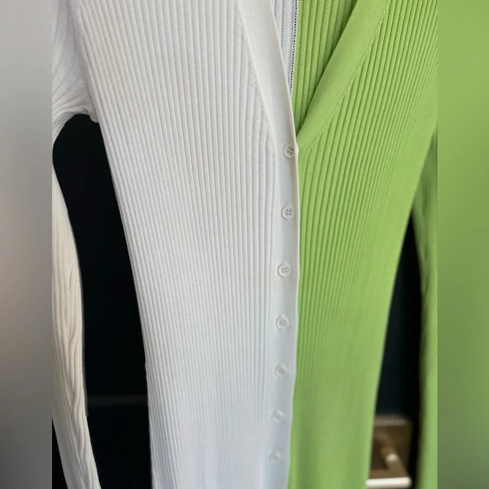 STAUD Shoko Colorblock Knit Dress Lime Green White Size Large Stretch Midi - Picture 4 of 7